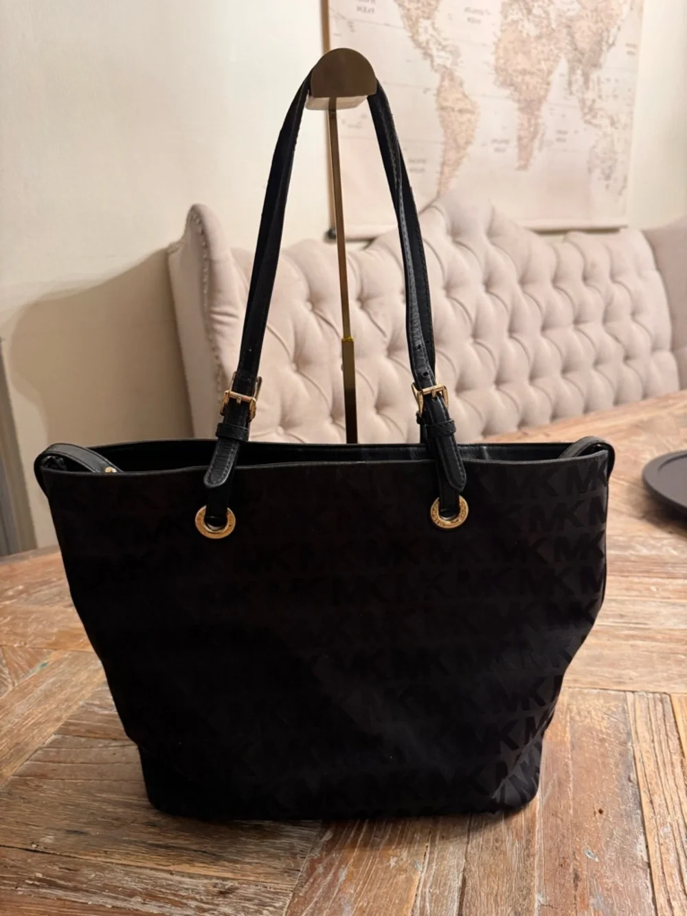 Michael Kors Black Logo-Print Shoulder Bag with Gold Hardware